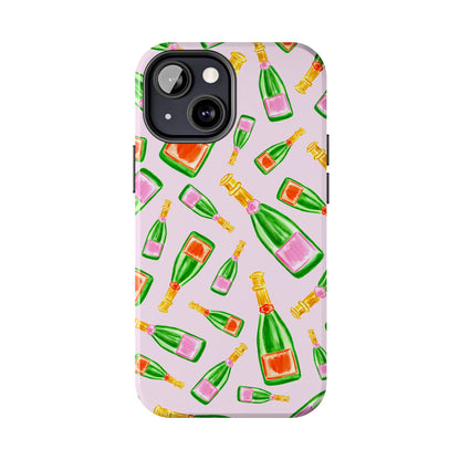 Tossed Pink and Green & Orange and Green Watercolor Illustrated Champagne Bottles Pattern Blush Pink Tough Phone Case | Various Models