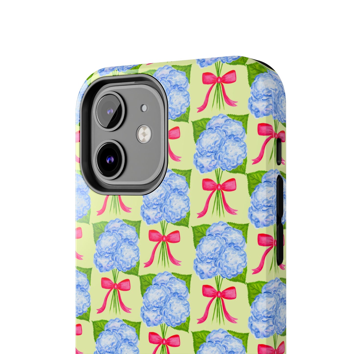 Blue Watercolor Hydrangea Bouquets with Hot Pink Bows Illustrated Patterned Yellow Preppy Grand Millenial Tough Phone Case | Various Models
