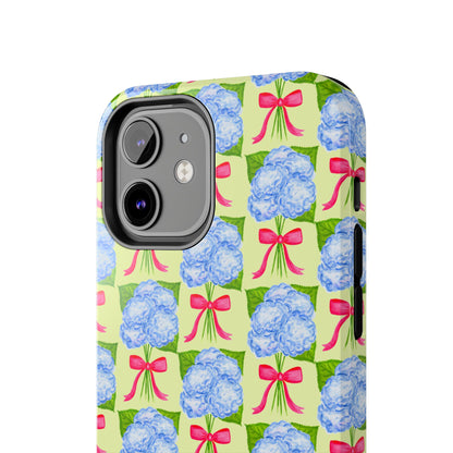 Blue Watercolor Hydrangea Bouquets with Hot Pink Bows Illustrated Patterned Yellow Preppy Grand Millenial Tough Phone Case | Various Models