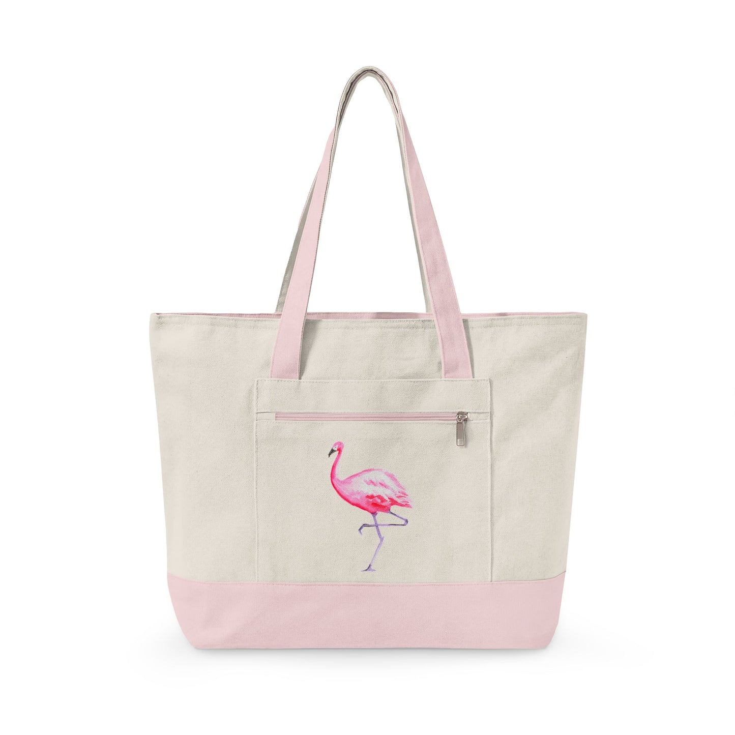 Hot Pink Flamingo Watercolor Printed Zipper Canvas Beach Tote 18" x 14" | Various Colors 18" x 14" x 4.5" Natural Light Pink