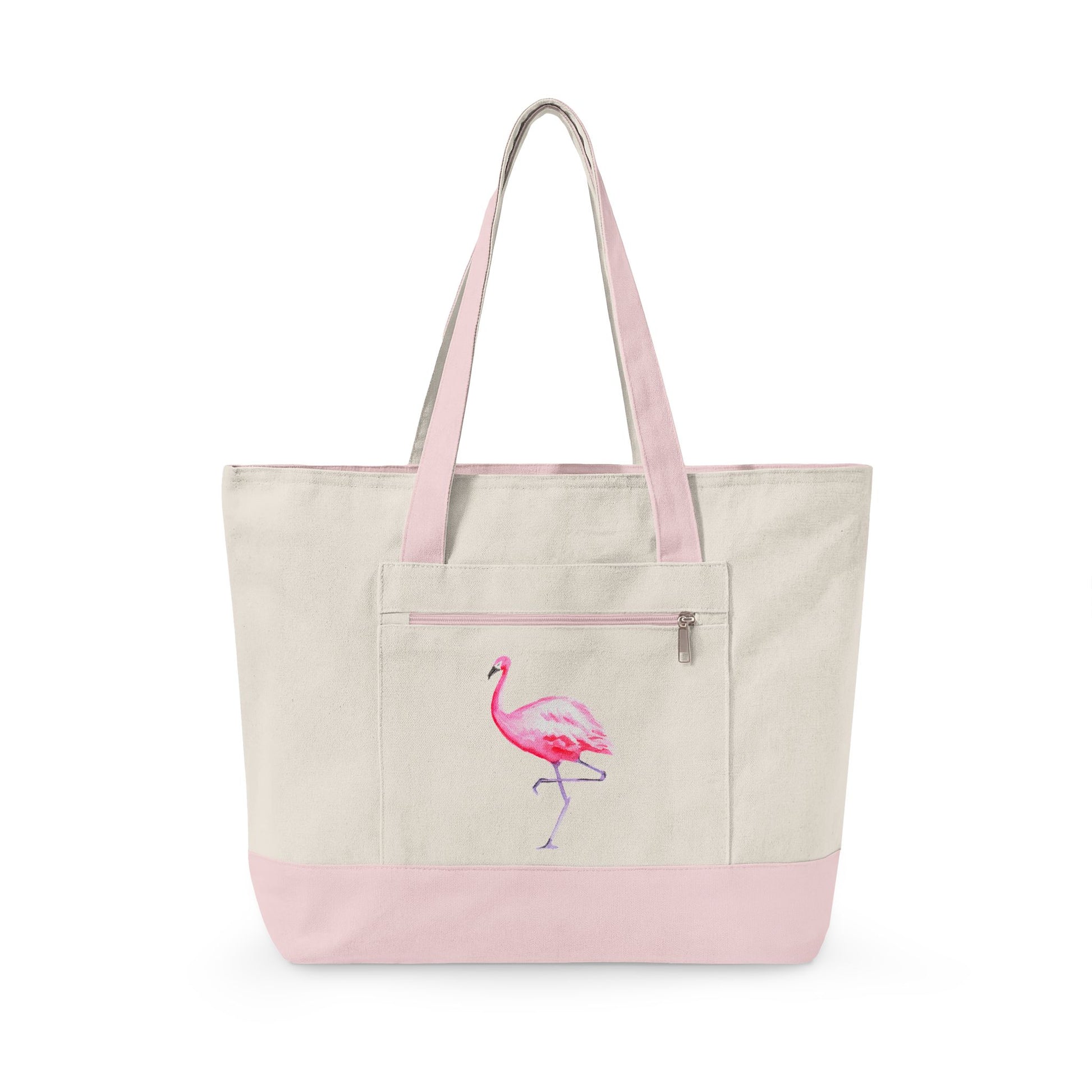 Hot Pink Flamingo Watercolor Printed Zipper Canvas Beach Tote 18" x 14" | Various Colors 18" x 14" x 4.5" Natural Light Pink