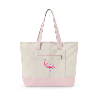 Hot Pink Flamingo Watercolor Printed Zipper Canvas Beach Tote 18" x 14" | Various Colors 18" x 14" x 4.5" Natural Light Pink