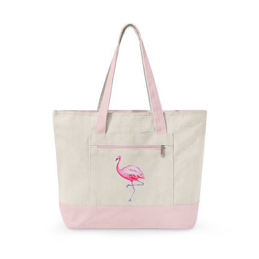Hot Pink Flamingo Watercolor Printed Zipper Canvas Beach Tote 18" x 14" | Various Colors 18" x 14" x 4.5" Natural Light Pink