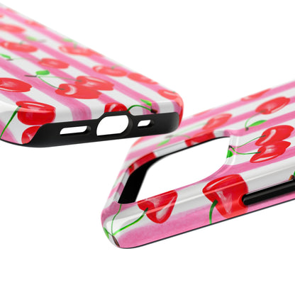 Tossed Red Watercolor Cherries Illustrated Pattern Light Pink Stripes Tough Phone Case | Various Models