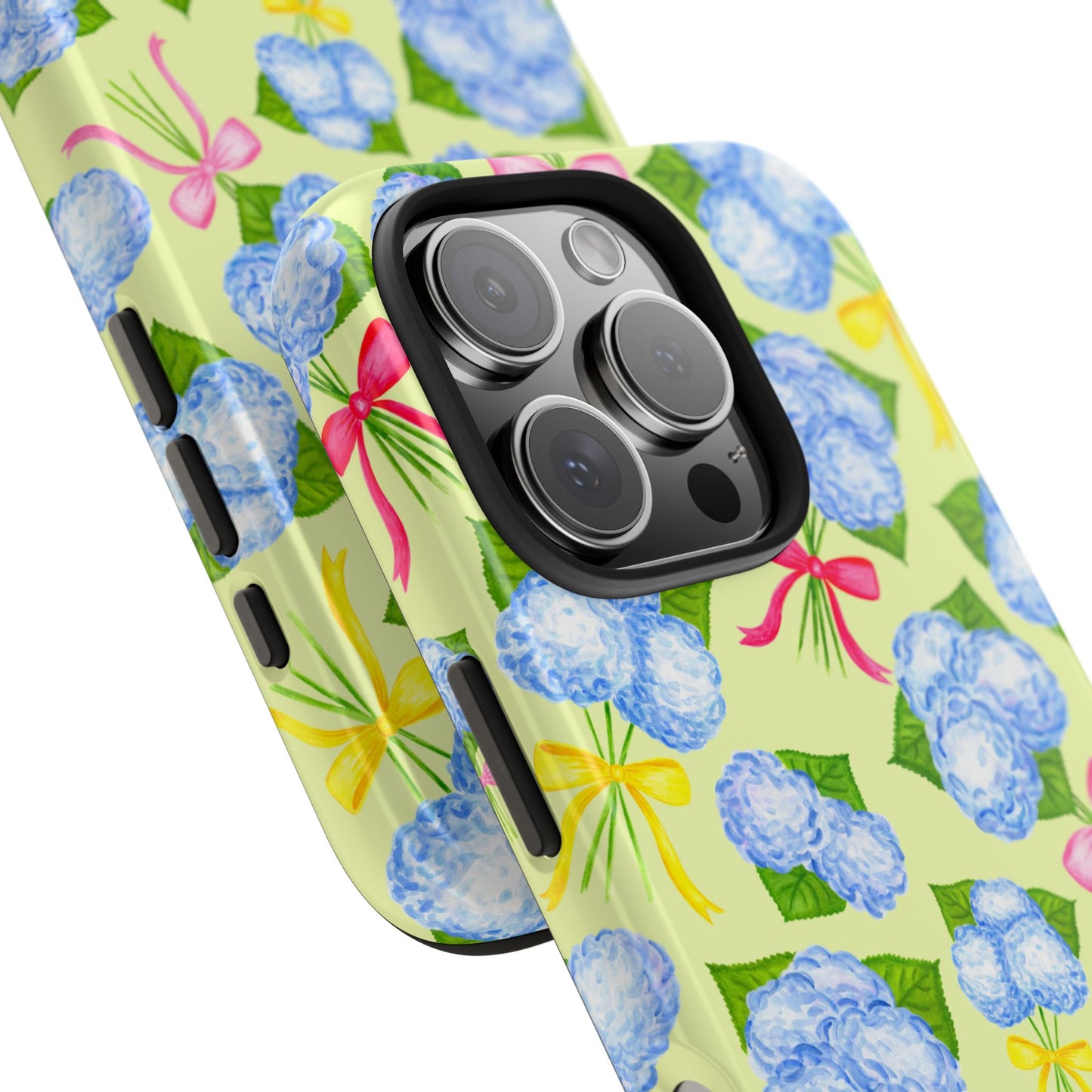 Blue Watercolor Hydrangea Bunches with Hot Pink, Yellow, Light Pink Bows Illustrated Patterned Yellow Tough Phone Case | Various Models