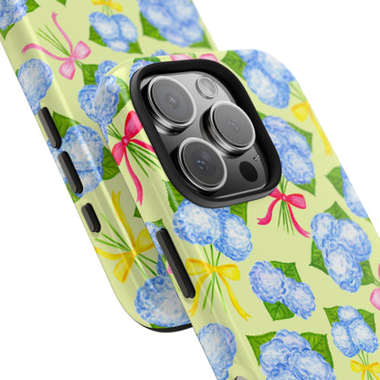 Blue Watercolor Hydrangea Bunches with Hot Pink, Yellow, Light Pink Bows Illustrated Patterned Yellow Tough Phone Case | Various Models