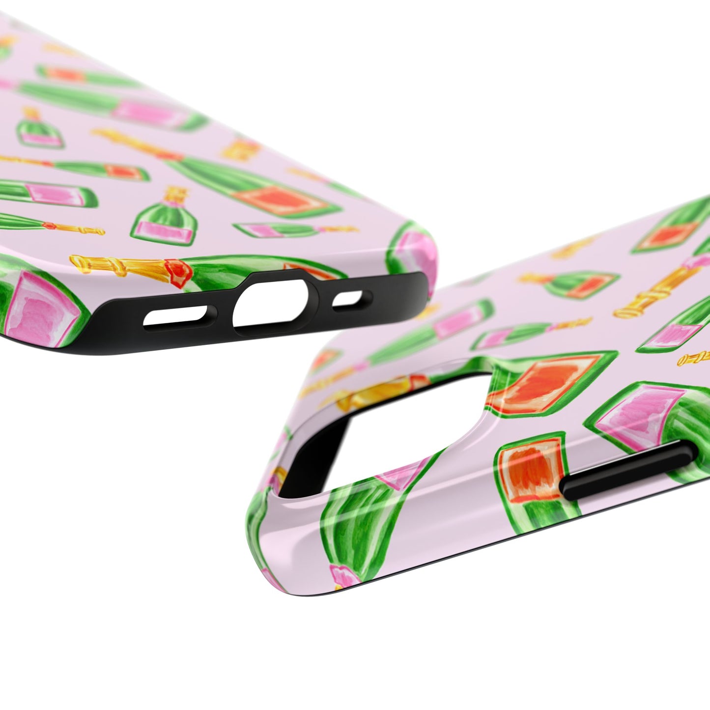 Tossed Pink and Green & Orange and Green Watercolor Illustrated Champagne Bottles Pattern Blush Pink Tough Phone Case | Various Models