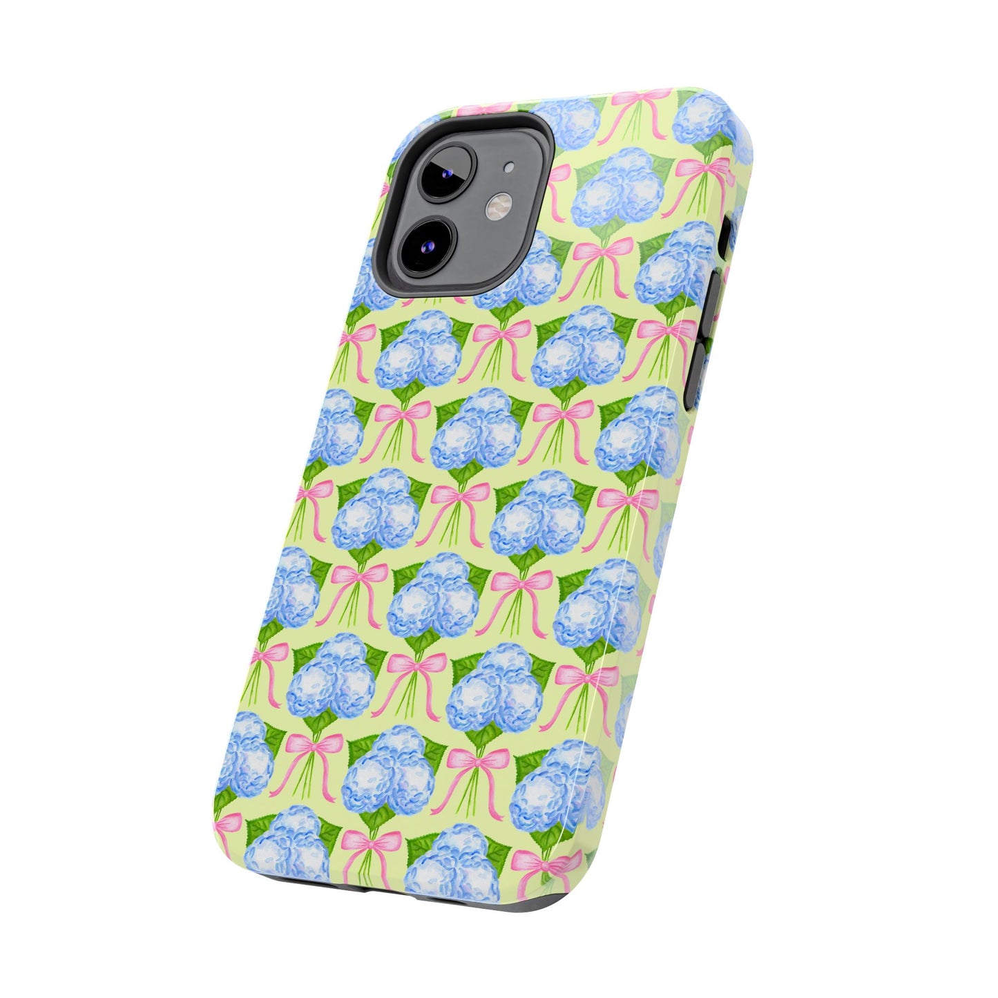 Blue Watercolor Hydrangea Bouquets with Light Pink Bows Watercolor Illustrated Patterned Yellow Tough Phone Case | Various Models