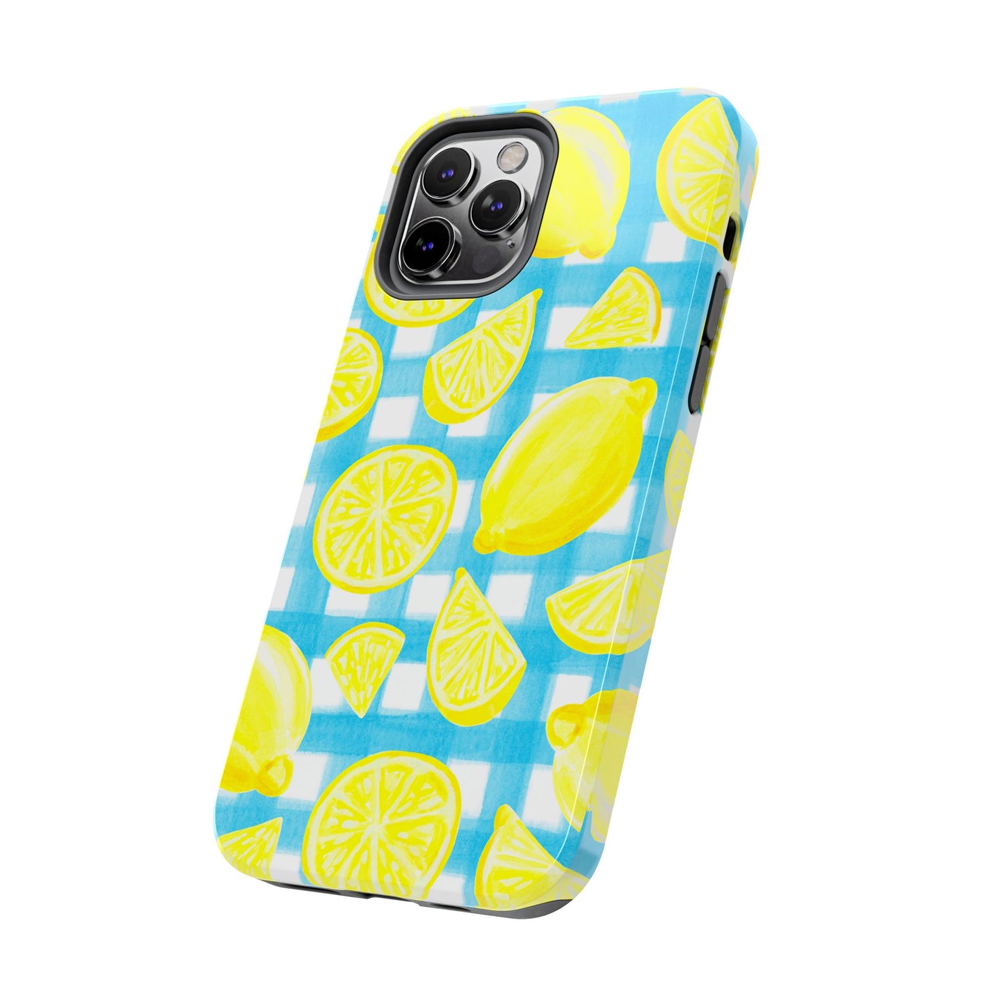 Yellow Lemons & Turquoise Gingham Watercolor Illustrated Tough Phone Case | Various Models Available
