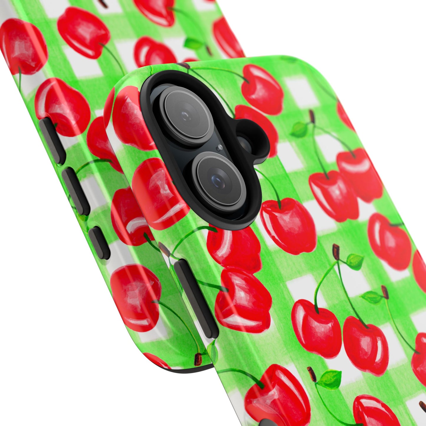 Red Tossed Cherries Green Gingham Watercolor Illustrated Tough Phone Case | Various Models Available