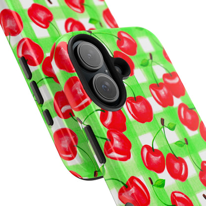 Red Tossed Cherries Green Gingham Watercolor Illustrated Tough Phone Case | Various Models Available