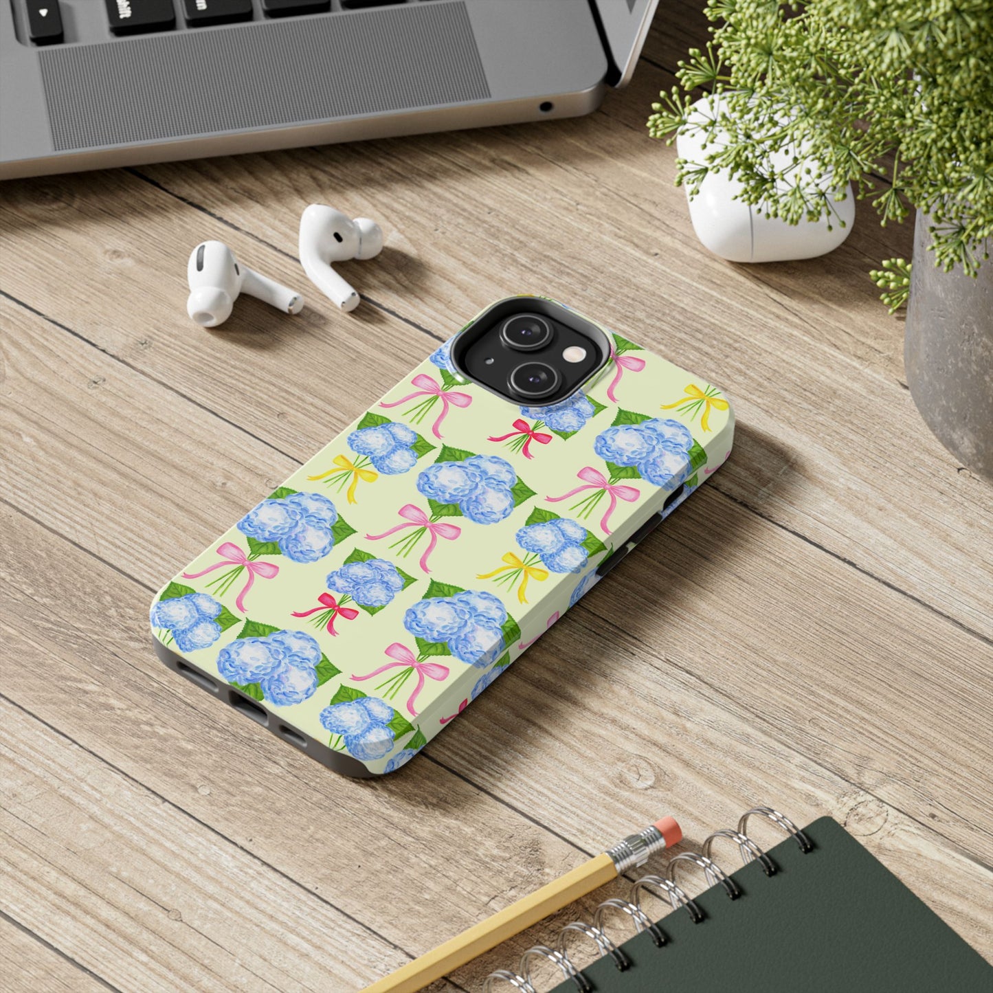 Blue Hydrangeas with Hot Pink, Yellow, Light Pink Bows Watercolor Illustrated Patterned Light Yellow Tough Phone Case | Various Models