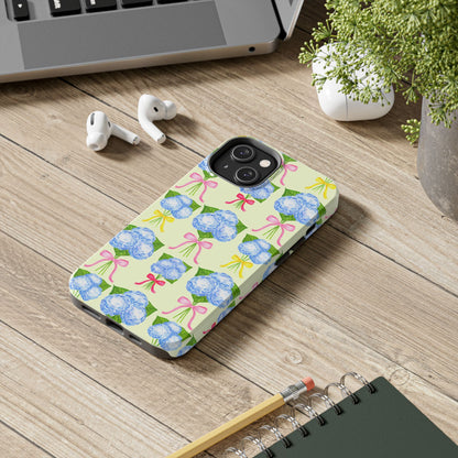 Blue Hydrangeas with Hot Pink, Yellow, Light Pink Bows Watercolor Illustrated Patterned Light Yellow Tough Phone Case | Various Models