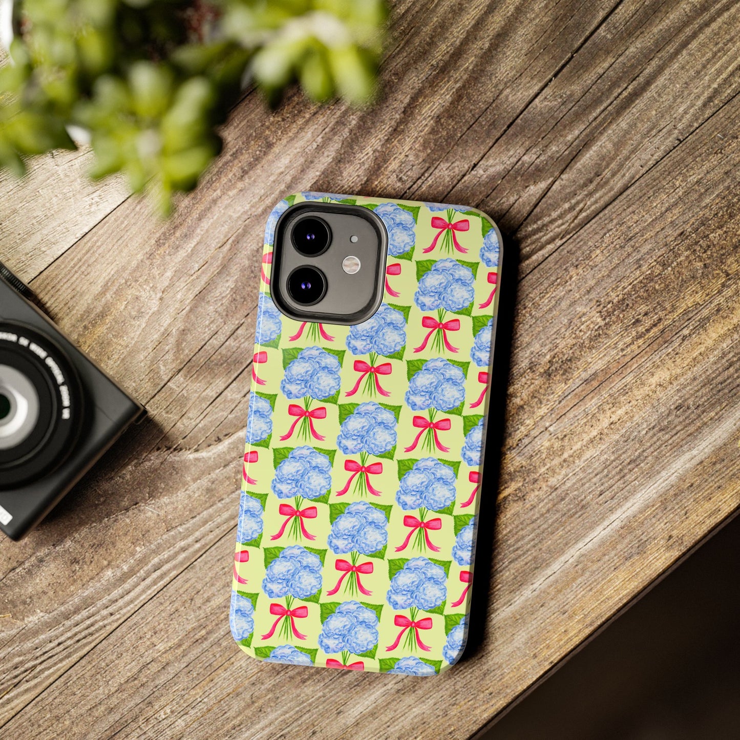 Blue Watercolor Hydrangea Bouquets with Hot Pink Bows Illustrated Patterned Yellow Preppy Grand Millenial Tough Phone Case | Various Models