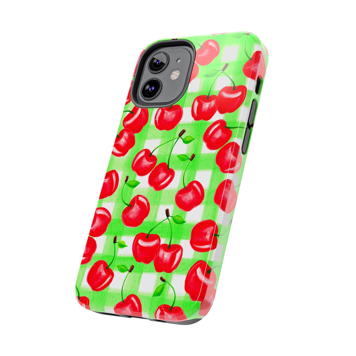 Red Tossed Cherries Green Gingham Watercolor Illustrated Tough Phone Case | Various Models Available