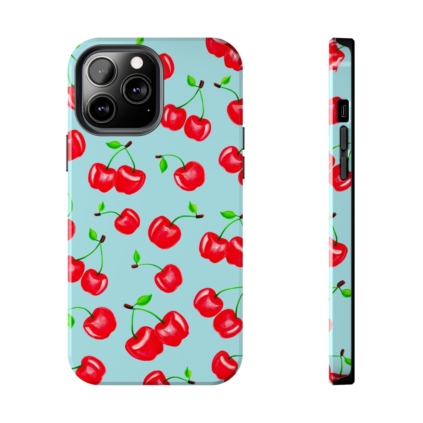 Tossed Red Watercolor Cherries Illustrated Pattern Bright Blue Tough Phone Case | Various Models