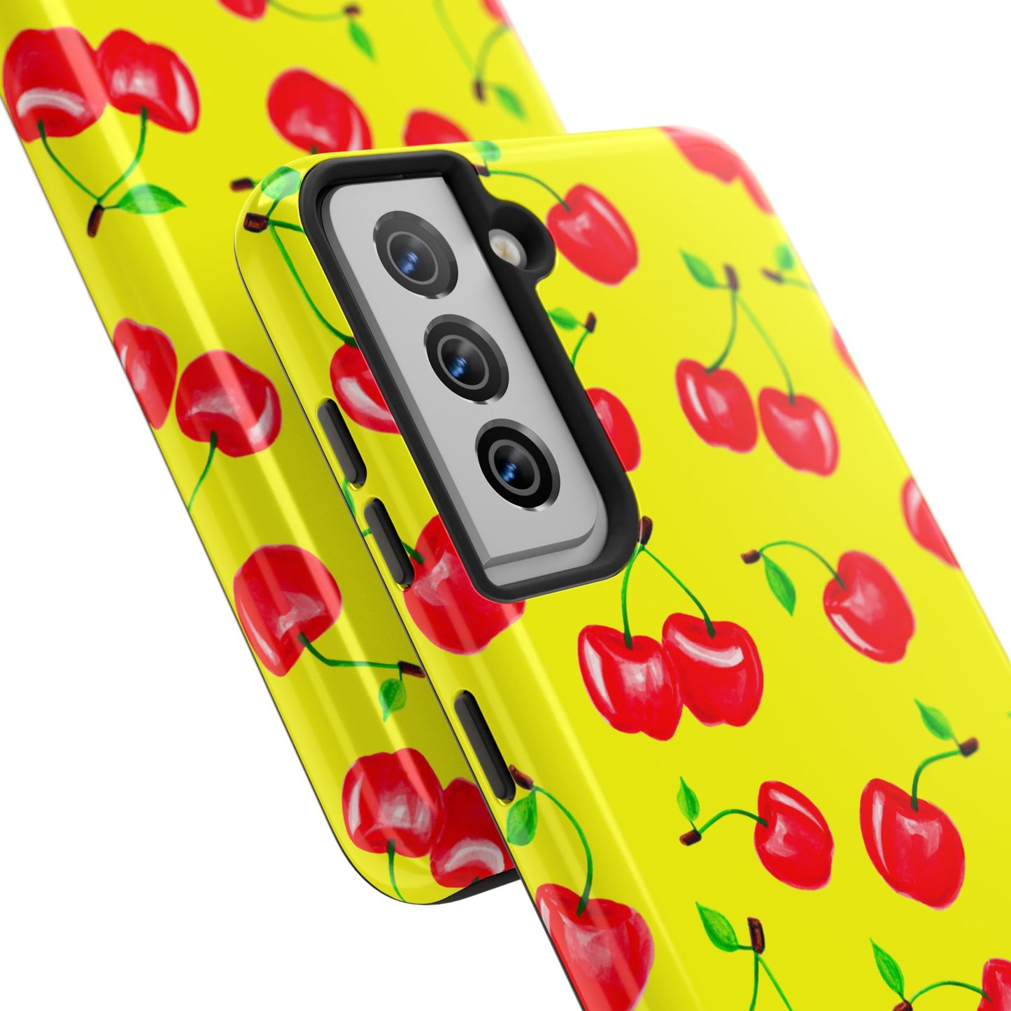 Tossed Red Watercolor Cherries Illustrated Pattern Bright Yellow Tough Phone Case | Various Models