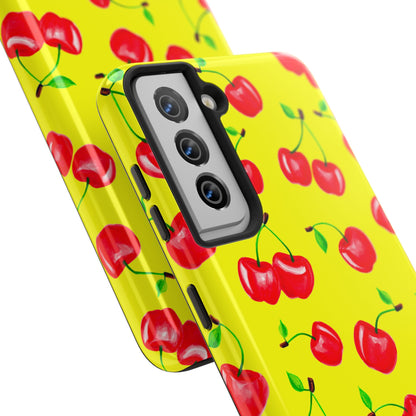 Tossed Red Watercolor Cherries Illustrated Pattern Bright Yellow Tough Phone Case | Various Models