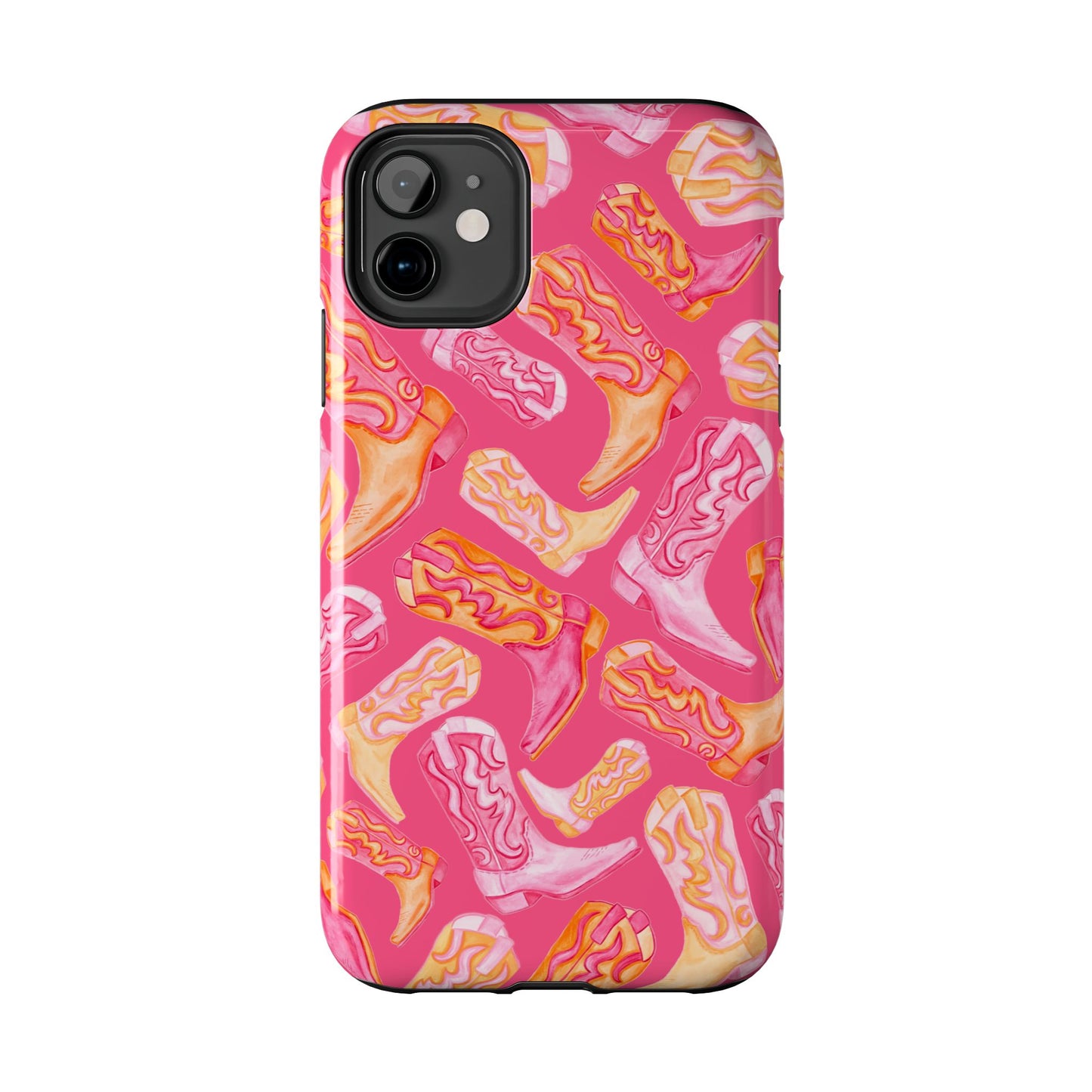 Tossed Hot Pink & Orange Watercolor Cowboy Boots Hot Pink Tough Phone Cases | Various Models iPhone 11