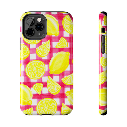 Yellow Lemons & Hot Pink Gingham Watercolor Illustrated Tough Phone Case | Various Models Available