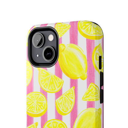 Pink Lemonade Yellow Lemons with Pink & White Watercolor Stripes Tough Phone Case