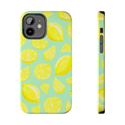 Bright Yellow Lemons Watercolor Illustrated Tossed Pattern Mint Green Tough Phone Case | Various Models