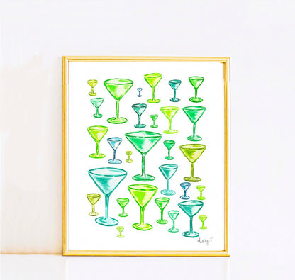 Print | Green Monochromatic Martini Glasses Watercolor | Dirty Espresso Martini | Cocktail Bar Cart Kitchen Wall Art Decor | Preppy | Coastal Cowgirl