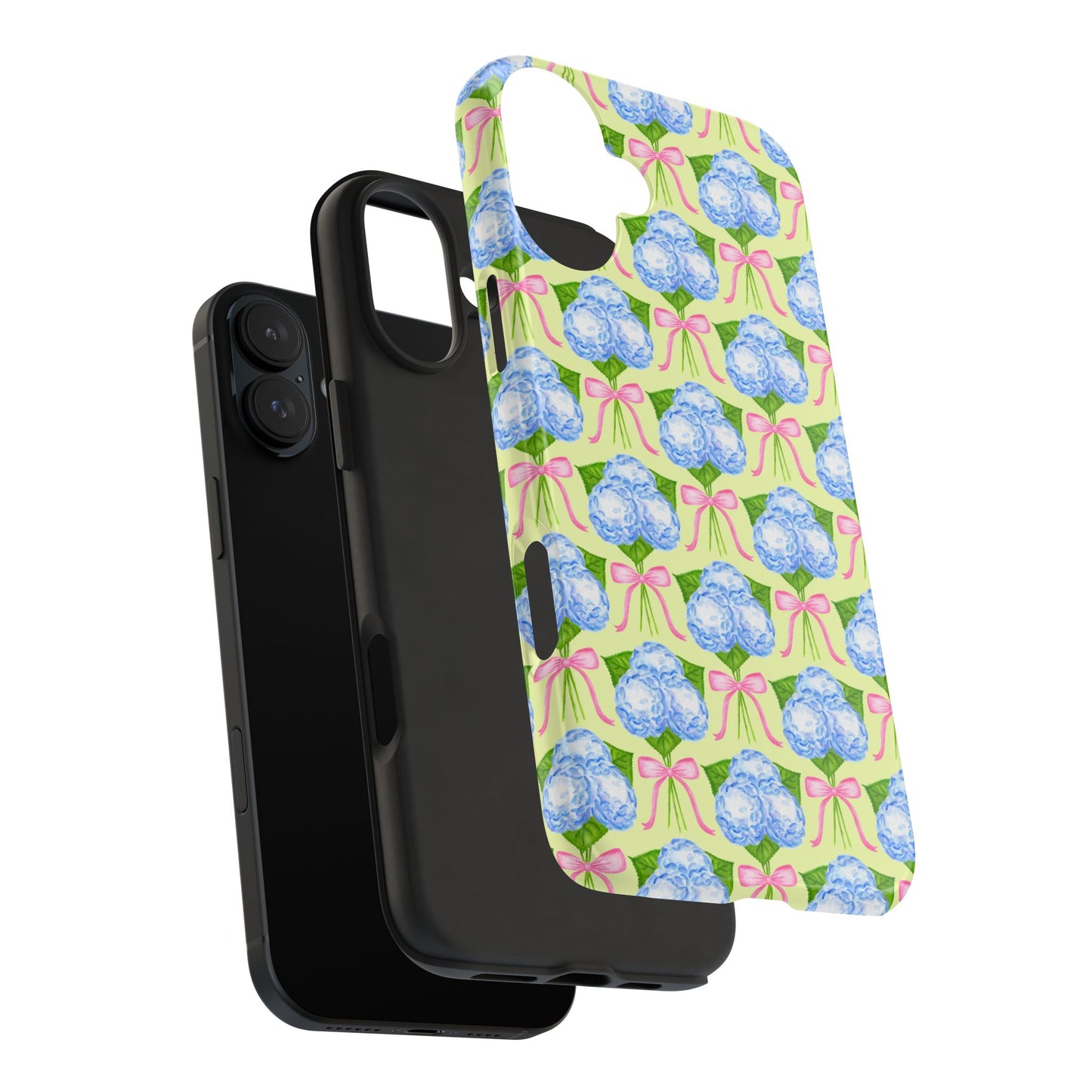 Blue Watercolor Hydrangea Bouquets with Light Pink Bows Watercolor Illustrated Patterned Yellow Tough Phone Case | Various Models