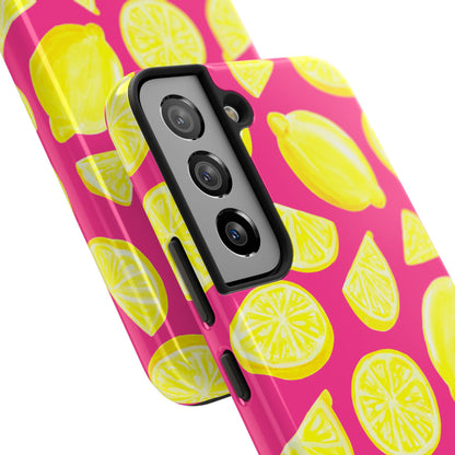 Bright Yellow Lemons Watercolor Illustrated Tossed Pattern Watermelon Pink Tough Phone Case | Various Models