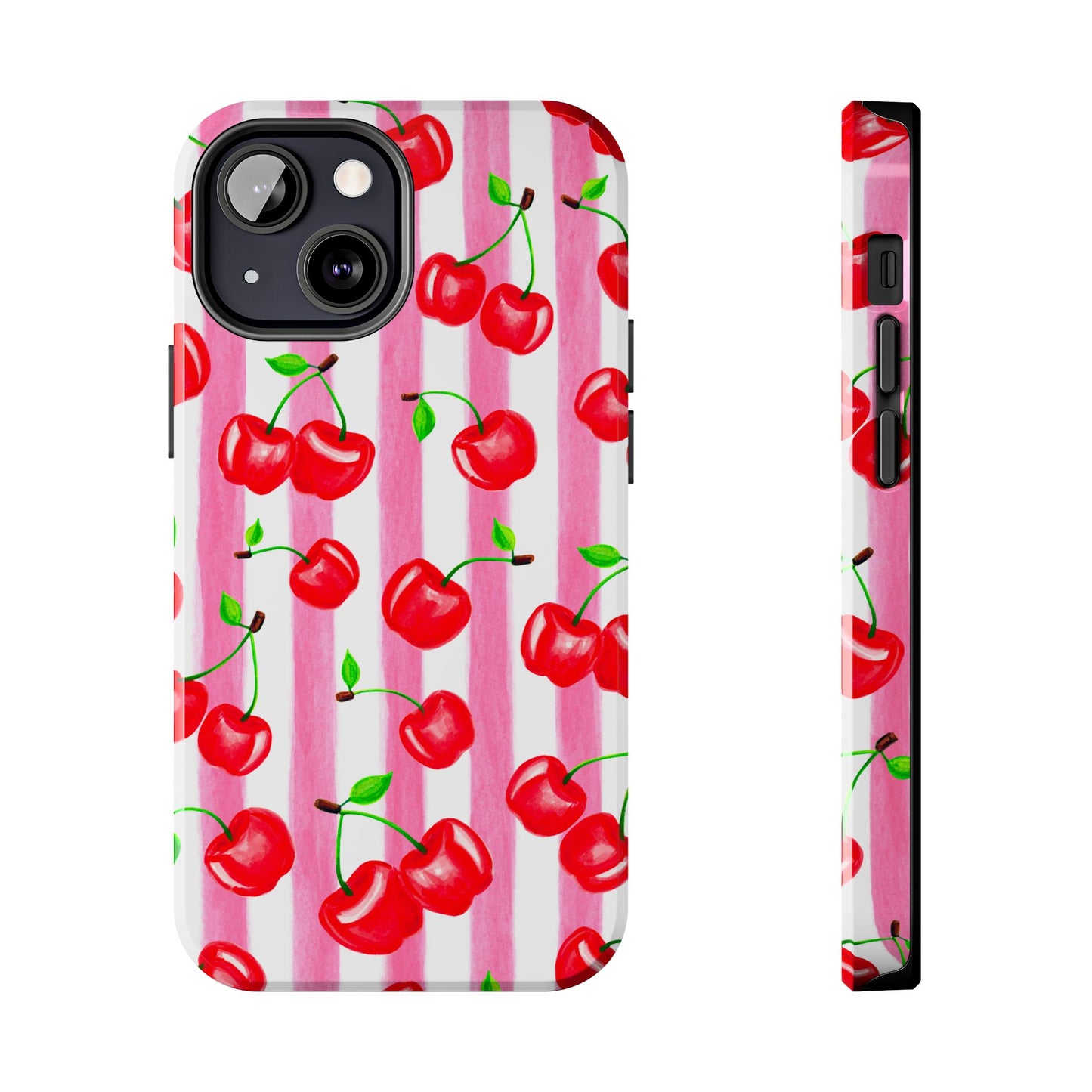 Tossed Red Watercolor Cherries Illustrated Pattern Light Pink Stripes Tough Phone Case | Various Models