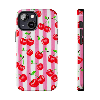 Tossed Red Watercolor Cherries Illustrated Pattern Light Pink Stripes Tough Phone Case | Various Models