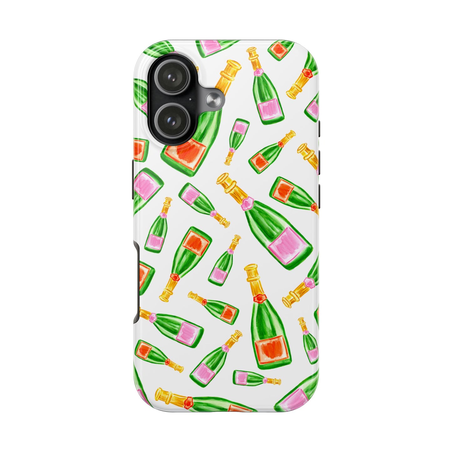 Tossed Pink and Green & Orange and Green Watercolor Illustrated Champagne Bottles Pattern Tough Phone Case | Various Models