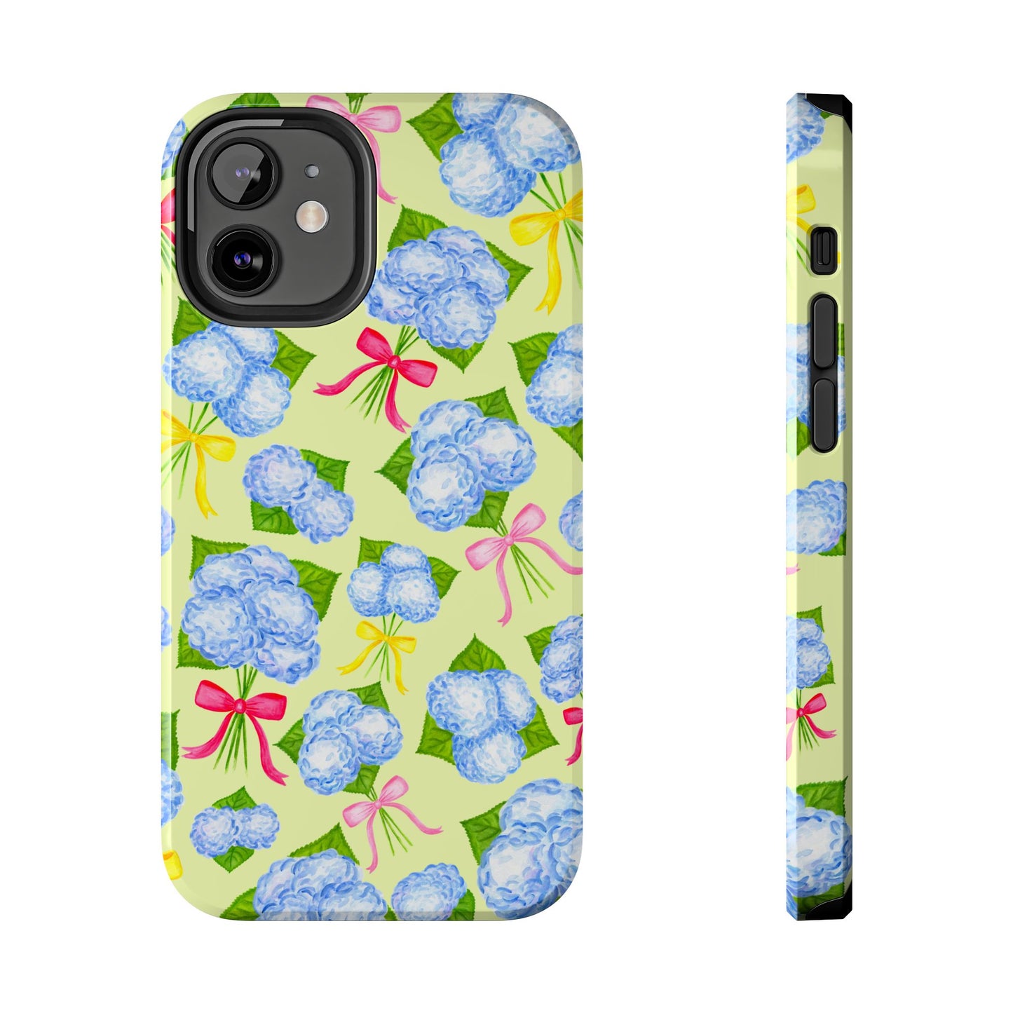 Blue Watercolor Hydrangea Bunches with Hot Pink, Yellow, Light Pink Bows Illustrated Patterned Yellow Tough Phone Case | Various Models