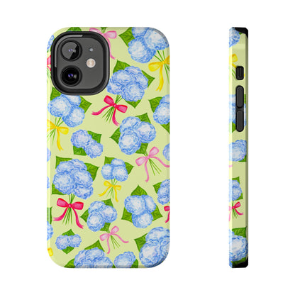 Blue Watercolor Hydrangea Bunches with Hot Pink, Yellow, Light Pink Bows Illustrated Patterned Yellow Tough Phone Case | Various Models