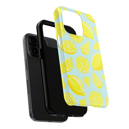 Bright Yellow Lemons Watercolor Illustrated Tossed Pattern Light Blue Tough Phone Case | Various Models