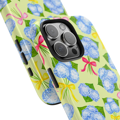 Blue Watercolor Hydrangea Bunches with Hot Pink, Yellow, Light Pink Bows Illustrated Patterned Yellow Tough Phone Case | Various Models