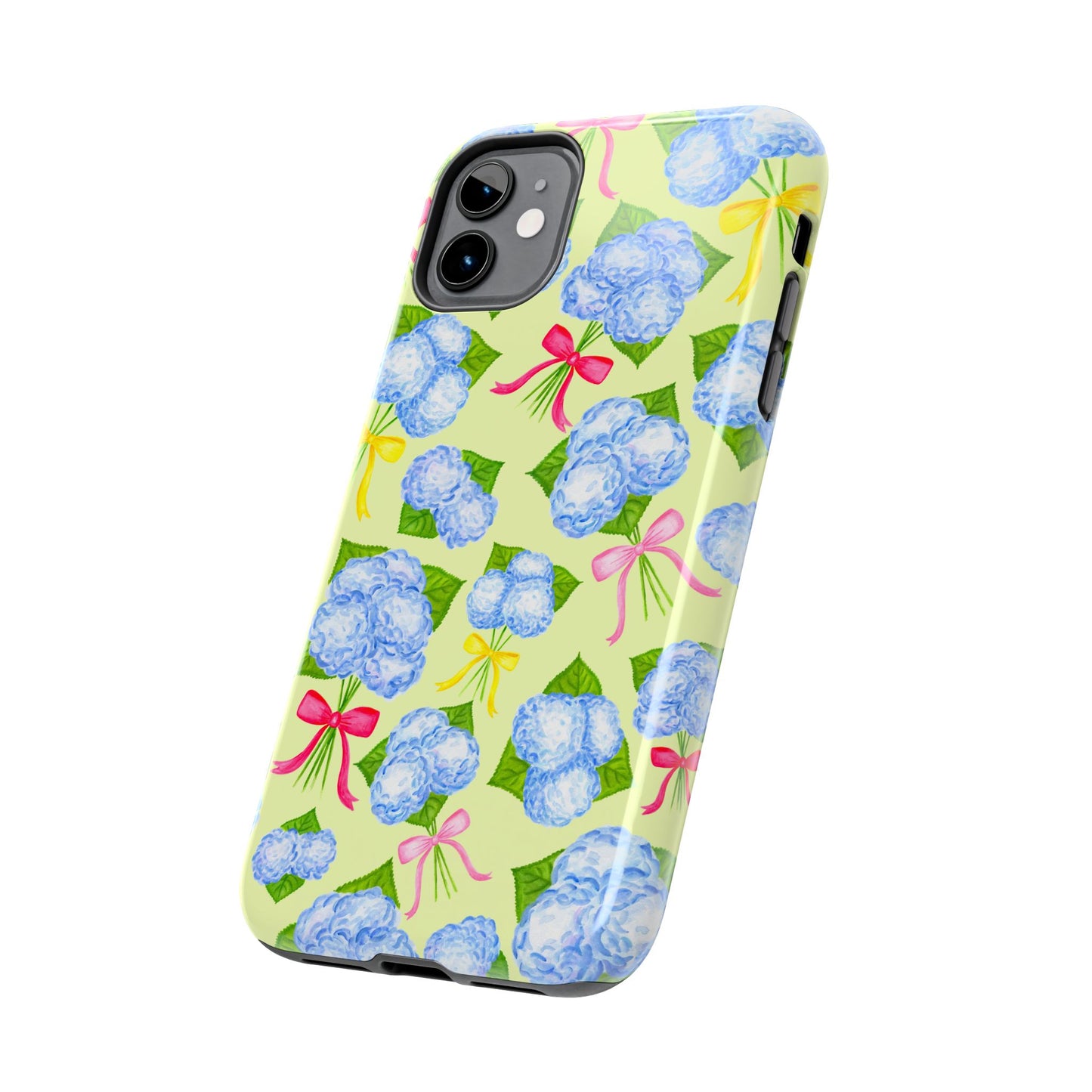 Blue Watercolor Hydrangea Bunches with Hot Pink, Yellow, Light Pink Bows Illustrated Patterned Yellow Tough Phone Case | Various Models