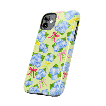 Blue Watercolor Hydrangea Bunches with Hot Pink, Yellow, Light Pink Bows Illustrated Patterned Yellow Tough Phone Case | Various Models