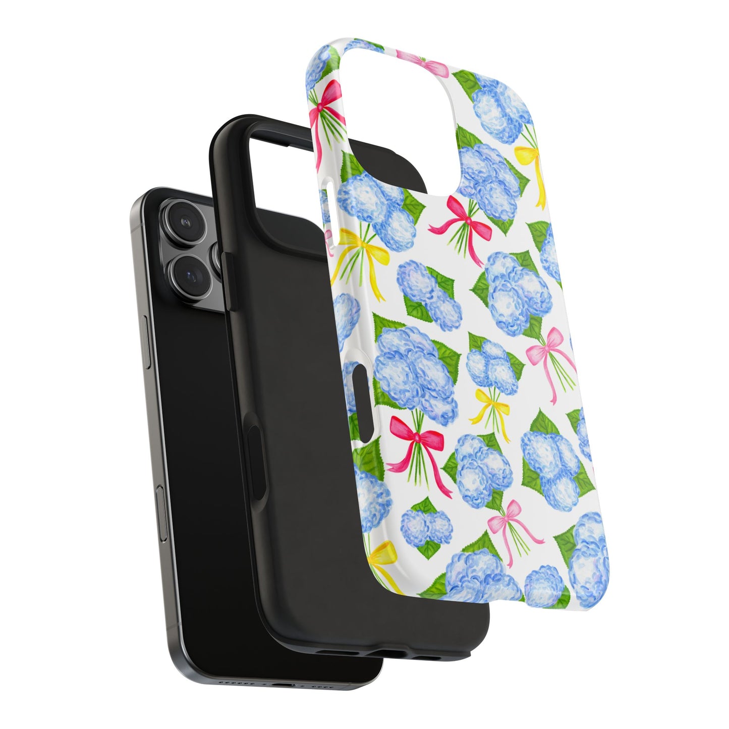 Blue Watercolor Hydrangea Bunches with Hot Pink, Yellow, Light Pink Bows Illustrated Patterned Tough Phone Case | Various Models