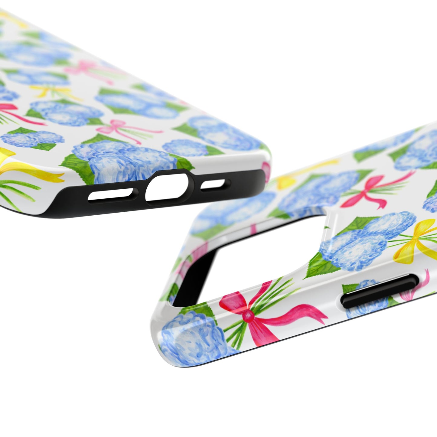 Blue Watercolor Hydrangea Bunches with Hot Pink, Yellow, Light Pink Bows Illustrated Patterned Tough Phone Case | Various Models