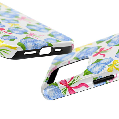 Blue Watercolor Hydrangea Bunches with Hot Pink, Yellow, Light Pink Bows Illustrated Patterned Tough Phone Case | Various Models