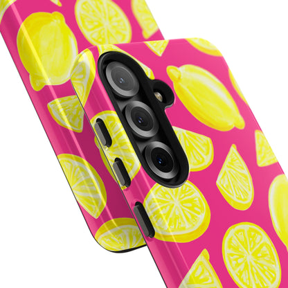 Bright Yellow Lemons Watercolor Illustrated Tossed Pattern Watermelon Pink Tough Phone Case | Various Models