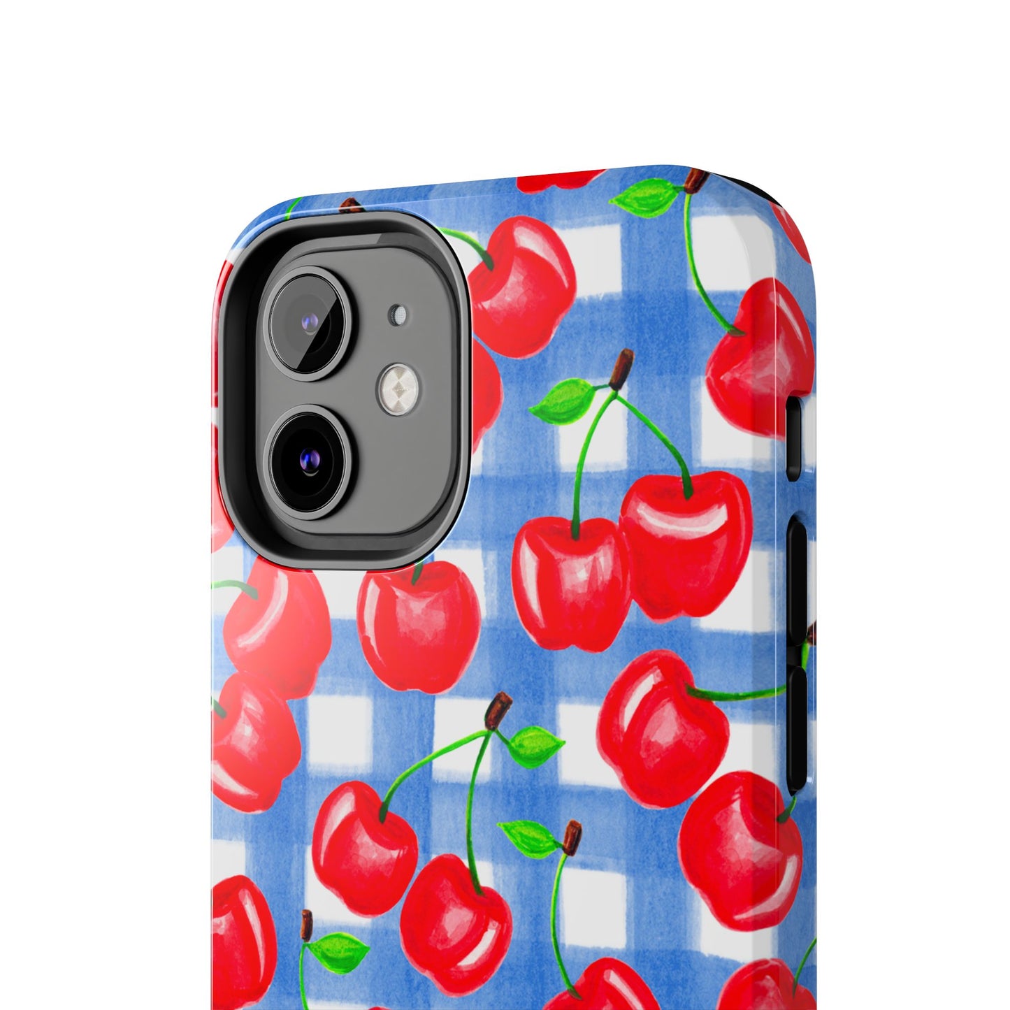 Tossed Red Cherries Blue Gingham Checkered Watercolor Illustrated Tough Phone Case | Various Models