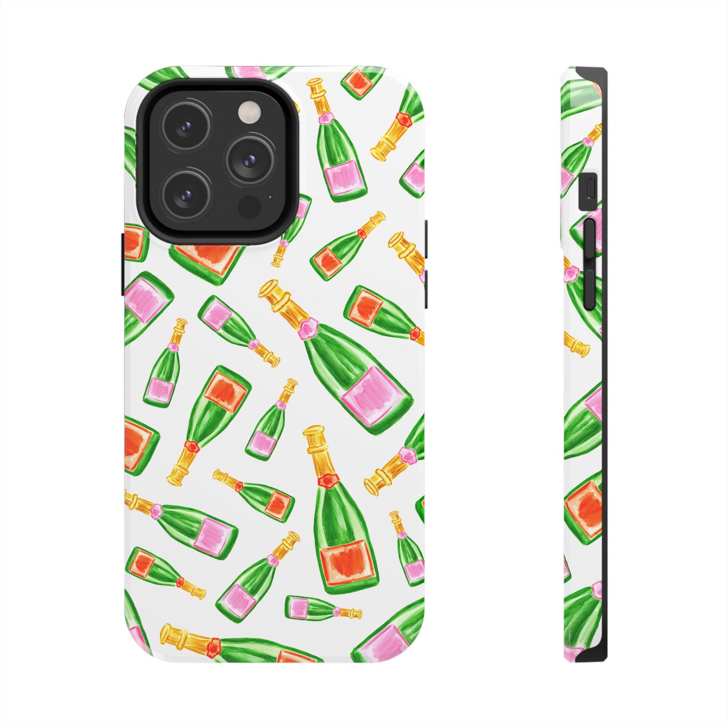 Tossed Pink and Green & Orange and Green Watercolor Illustrated Champagne Bottles Pattern Tough Phone Case | Various Models