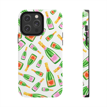 Tossed Pink and Green & Orange and Green Watercolor Illustrated Champagne Bottles Pattern Tough Phone Case | Various Models