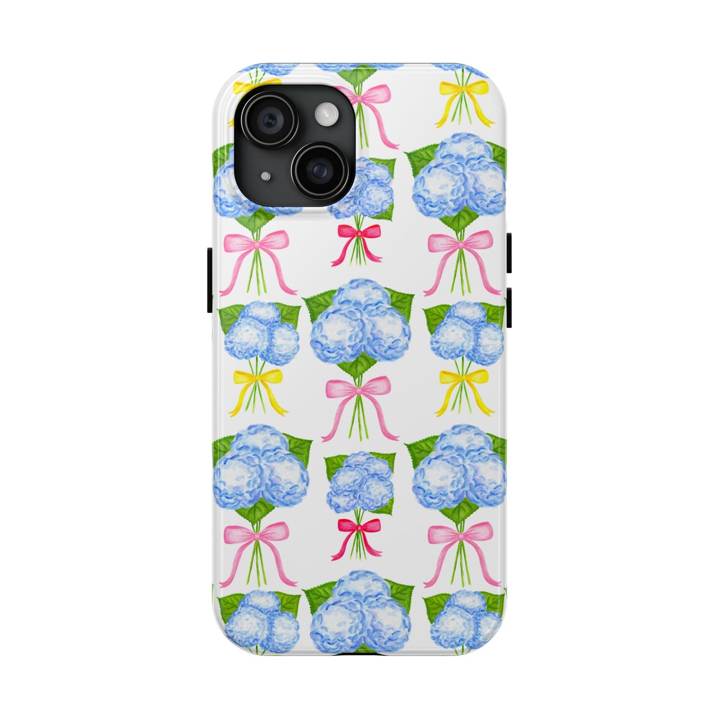 Blue Hydrangeas with Hot Pink, Yellow, Light Pink Bows Watercolor Illustrated Patterned Tough Phone Case | Various Models