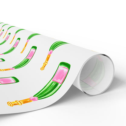 Gift Wrap | White Watercolor Pink & Green Champagne Bottles Pattern | Matte or Glossy