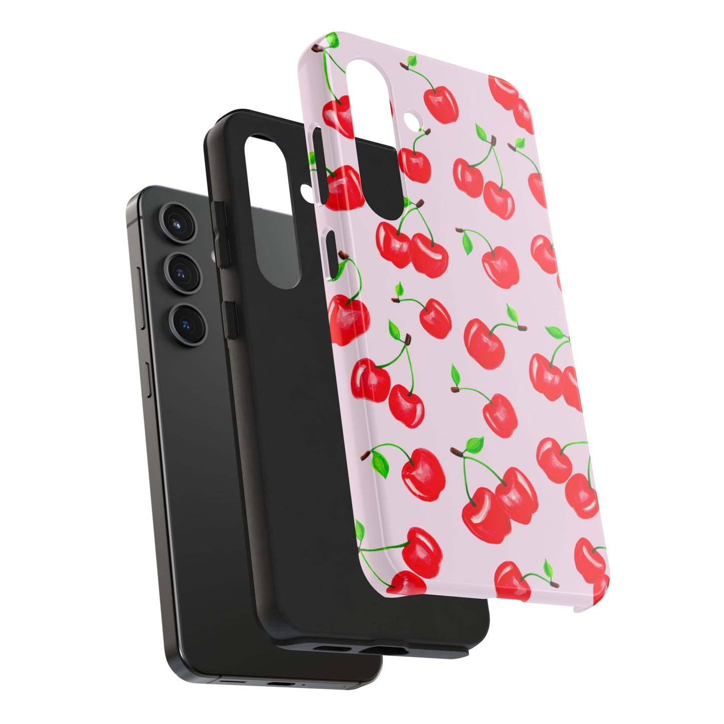 Tossed Red Watercolor Cherries Illustrated Pattern Light Pink Tough Phone Case | Various Models