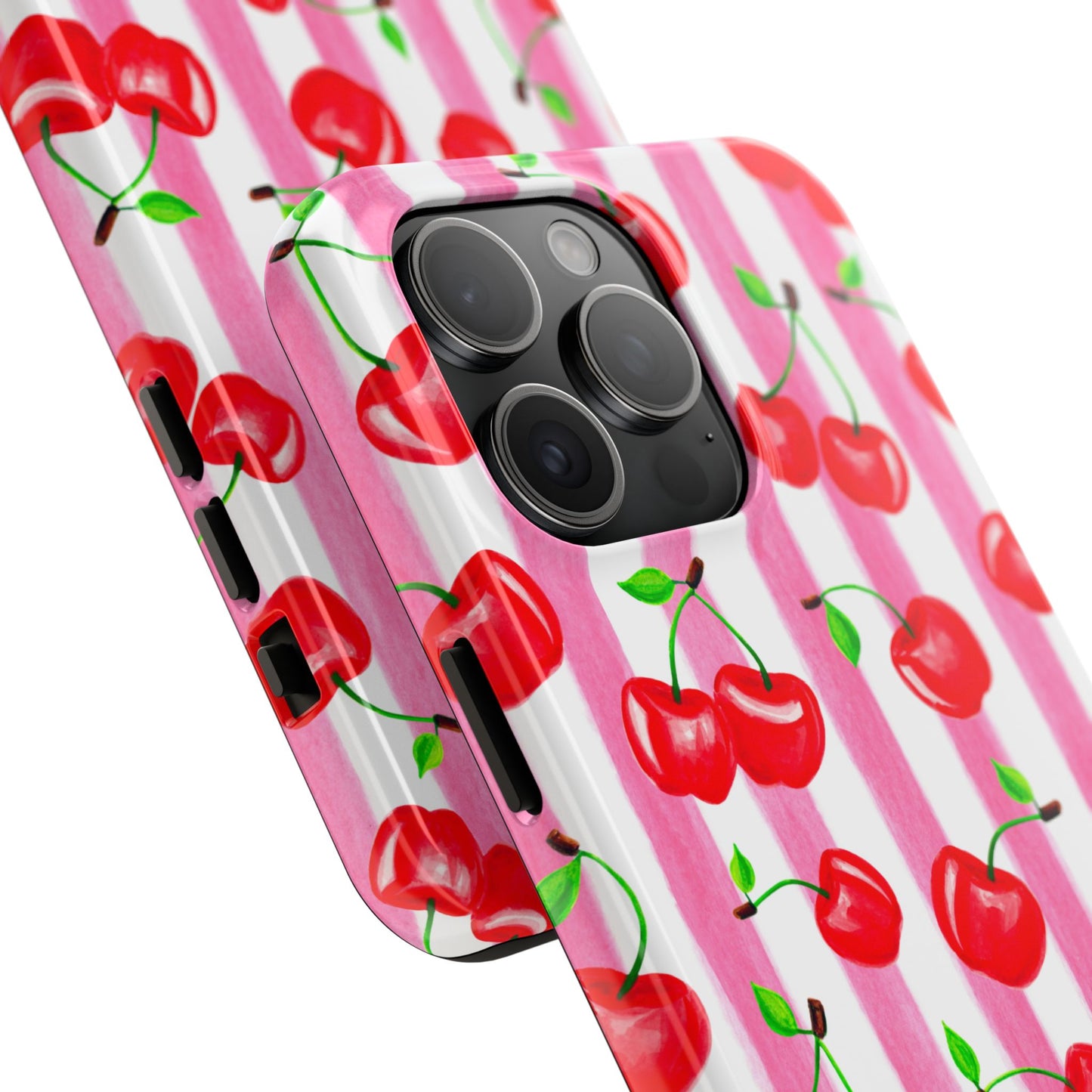 Tossed Red Watercolor Cherries Illustrated Pattern Light Pink Stripes Tough Phone Case | Various Models