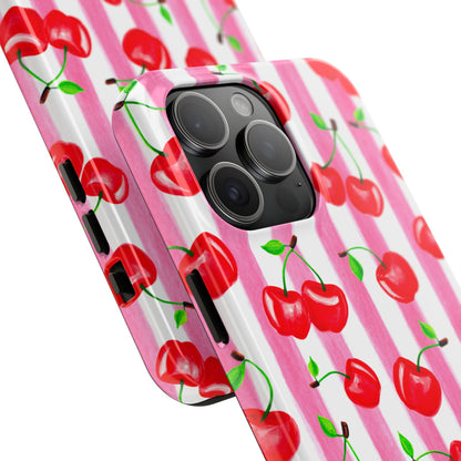 Tossed Red Watercolor Cherries Illustrated Pattern Light Pink Stripes Tough Phone Case | Various Models